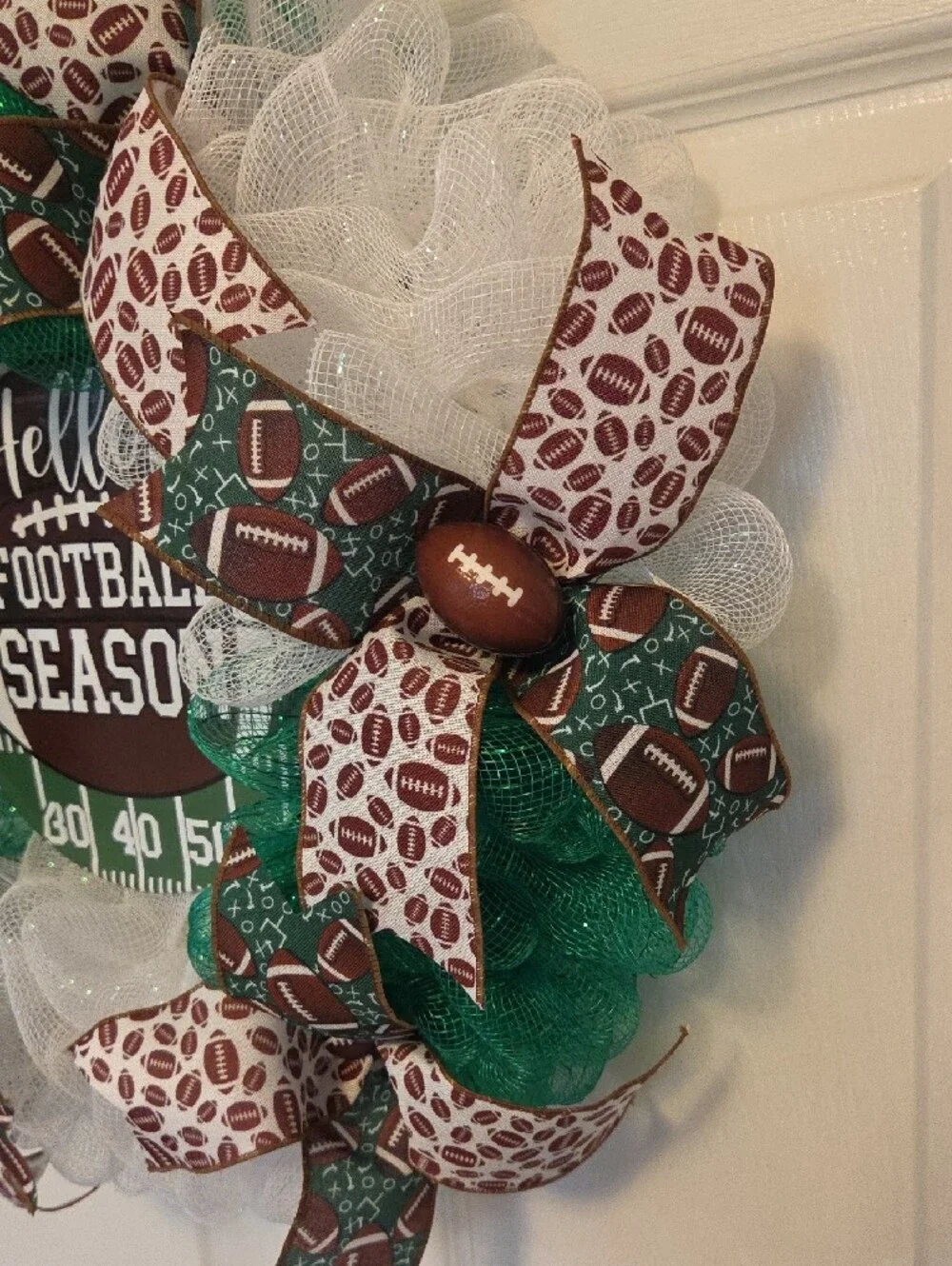 Hello Football Season Wreath - Green, White & Brown